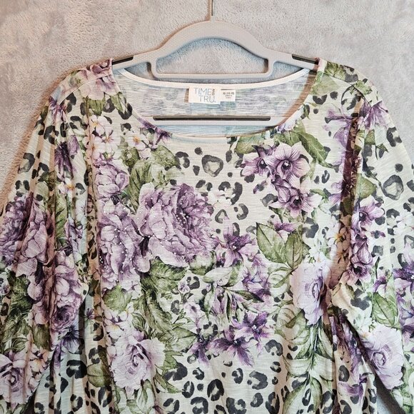 Time & Tru Womens Top XL Long Sleeve Floral Leopard Print Gathered Hem colorful - Picture 3 of 11
